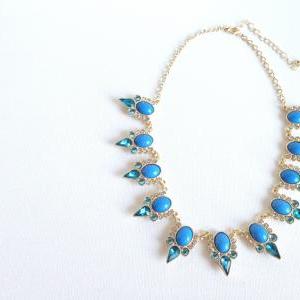 Blue Statement Necklace - Beaded Necklace -..