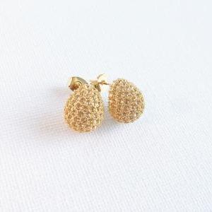 Gold Studed Earrings - Rhinestones - Gold - Pebble