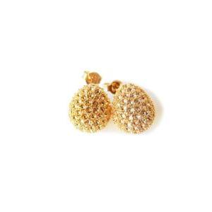 Gold Studed Earrings - Rhinestones - Gold - Pebble