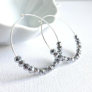 Silver Hoop Earrings - Gunmetal Crystal Beaded..
