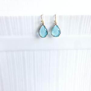 Blue Framed Glass Earrings - Gold Dangle Earrings..