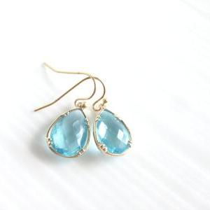 Blue Framed Glass Earrings - Gold Dangle Earrings..