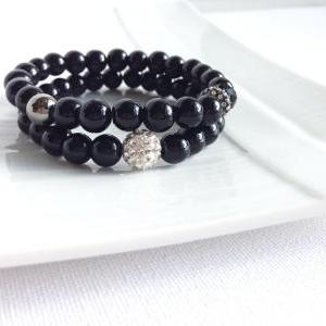 Bracelet Set - Pave Beaded Bracelet - Black Pearls..