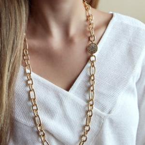 Long Gold Chain Necklace - Gold Pave Necklace -..