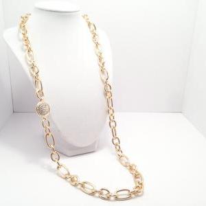 Long Gold Chain Necklace - Gold Pave Necklace -..