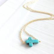 Turquoise Cross Necklace - Turquoise Sideways Cross - 14k Gold Filled - Jaywalk
