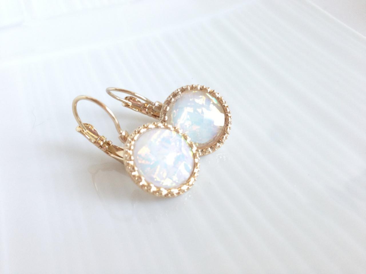 Gold Dangle Earrings - Drop Earrings - French Back Earrings - White Opal