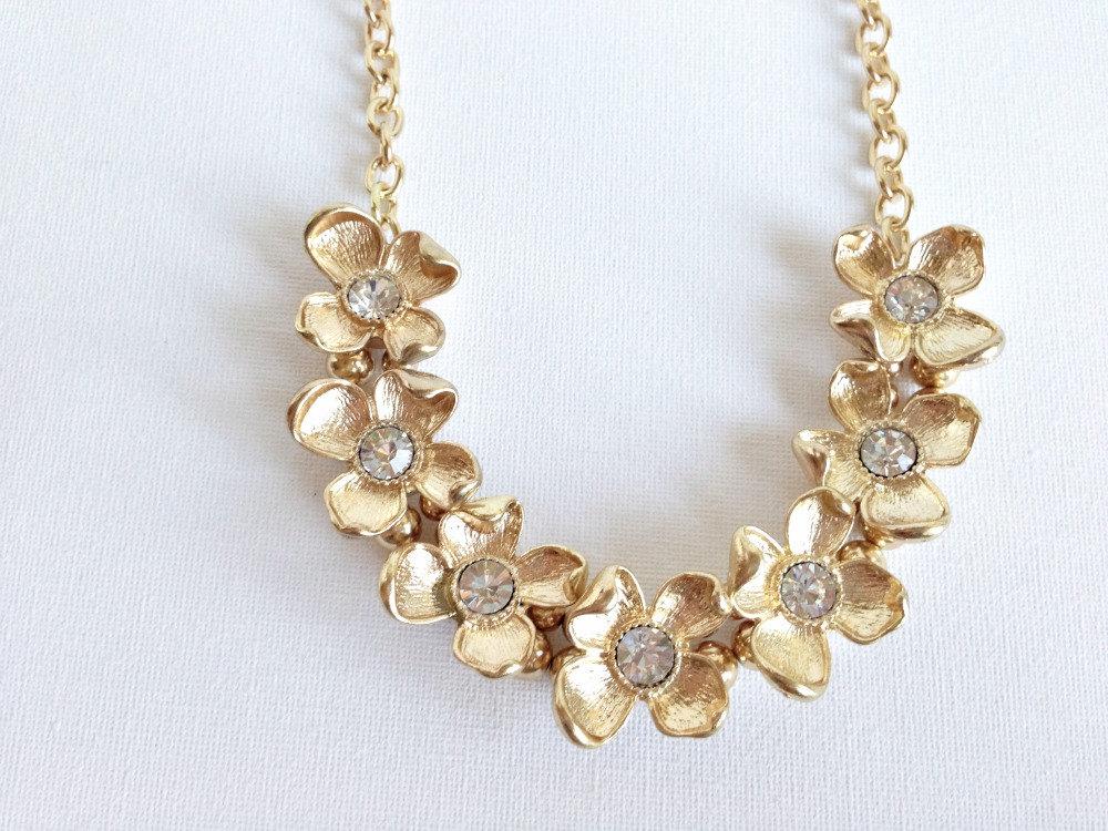 Floral Necklace - Gold Pave Necklace - Long Layering Necklace - Gold Chain Necklace