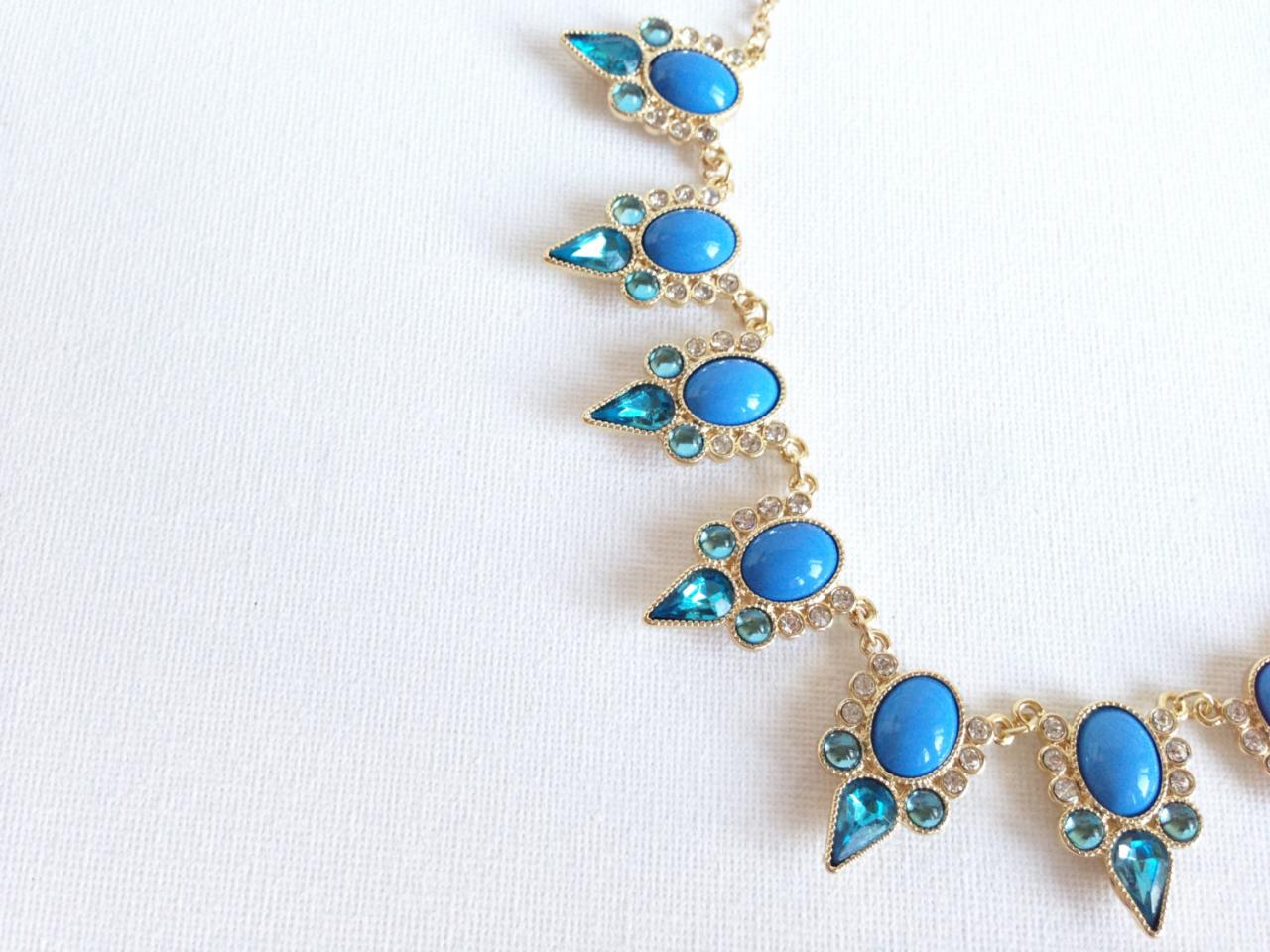 Blue Statement Necklace - Beaded Necklace - Crystal Necklace - Fancy - Gold Necklace