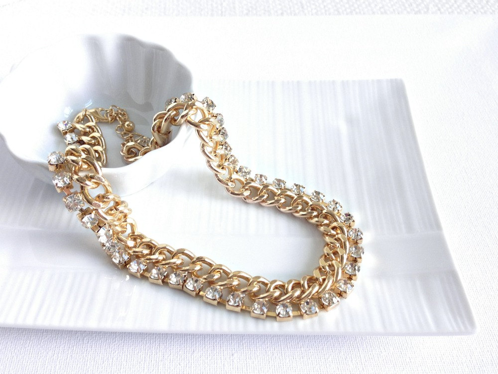 Chunky Chain Gold Necklace - Chain And Crystal Necklace - Collar Necklace - Gold Collar - Gold Necklace - Crystal Bead Necklace
