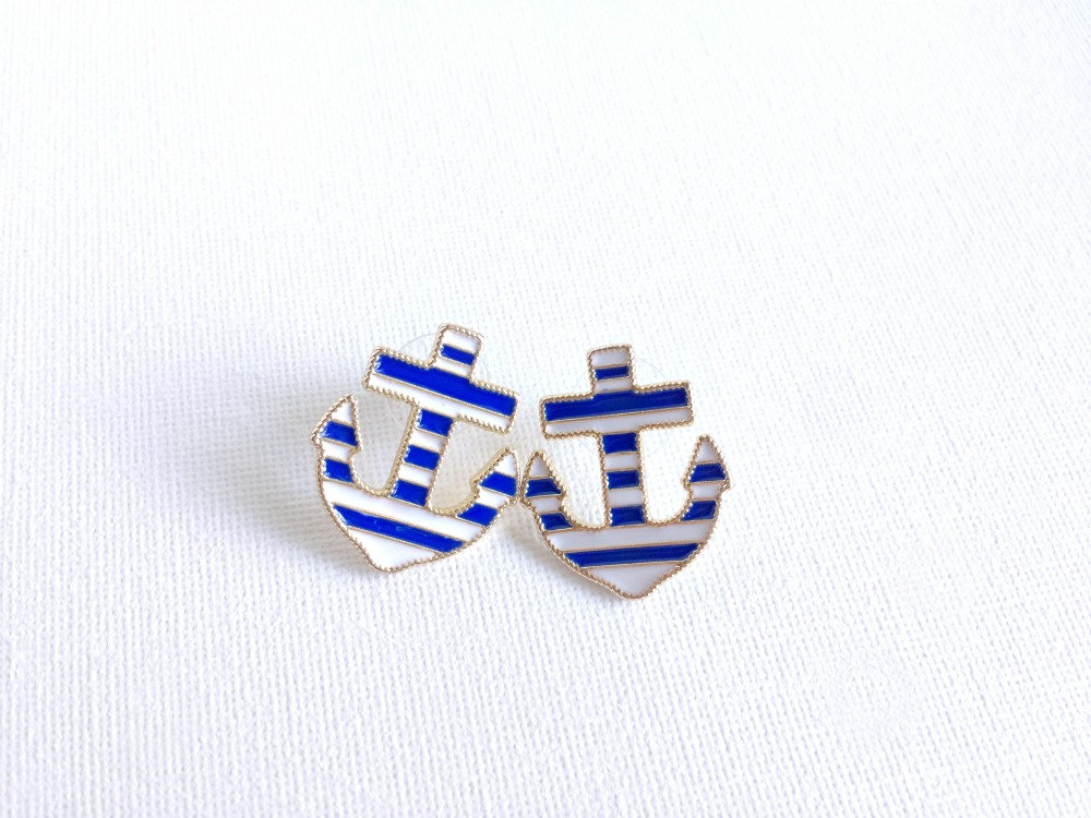 Anchor Stud Earrings - Nautical Jewelry - Anchors - Nautical And Stripes - Gold - Anchor Studs