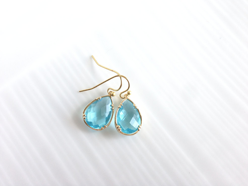 Blue Framed Glass Earrings - Gold Dangle Earrings - Blue Earrings - Blue Glass Earrings - Gold - Sparkle