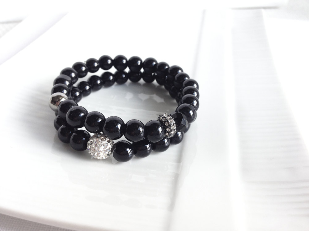 Bracelet Set - Pave Beaded Bracelet - Black Pearls - Rhinestone Bracelets - Soiree