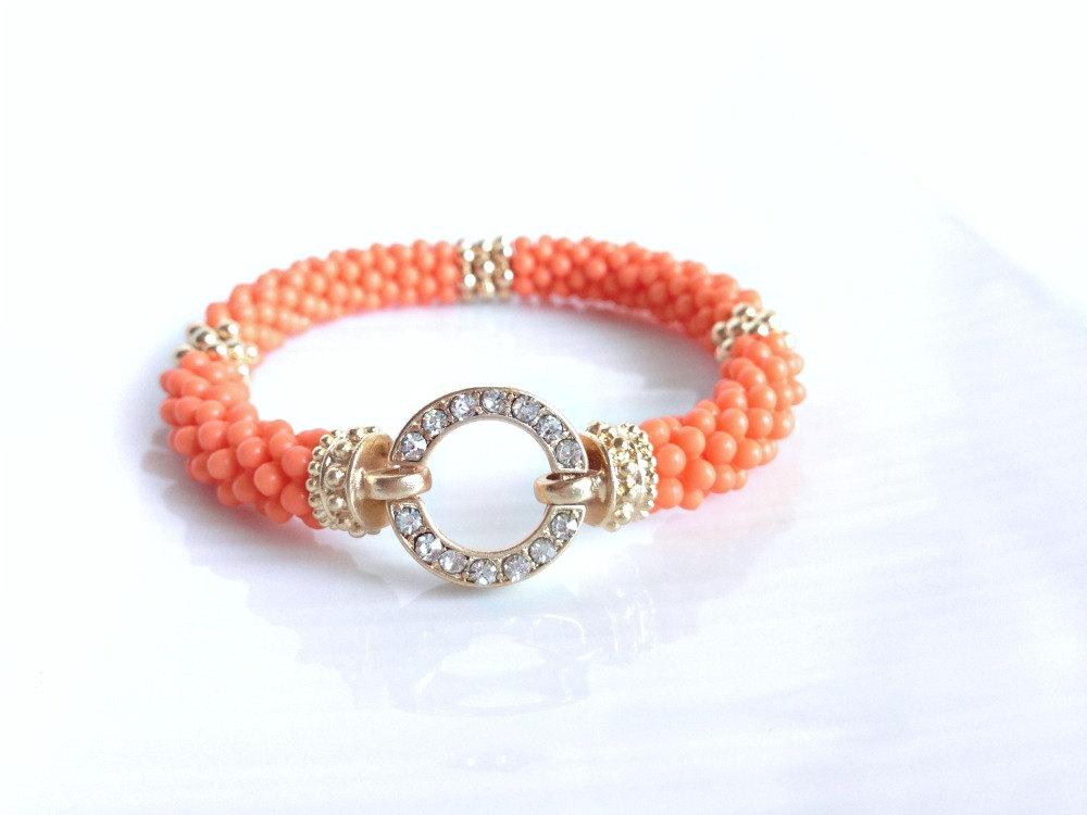 Orange Pave Bracelet - Stretch Bracelet - Orange Stretch Bracelet - Beaded Jewelry