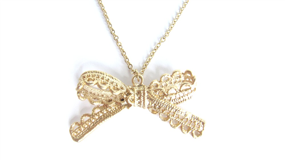 Gold Bow Necklace - Lace Ribboncharm - Gold - Tiffany