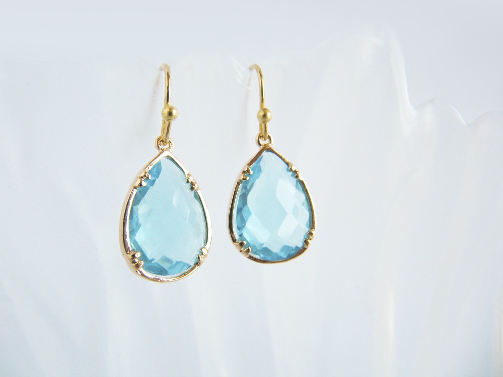 Blue Framed Glass Earrings - Gold - Sparkle