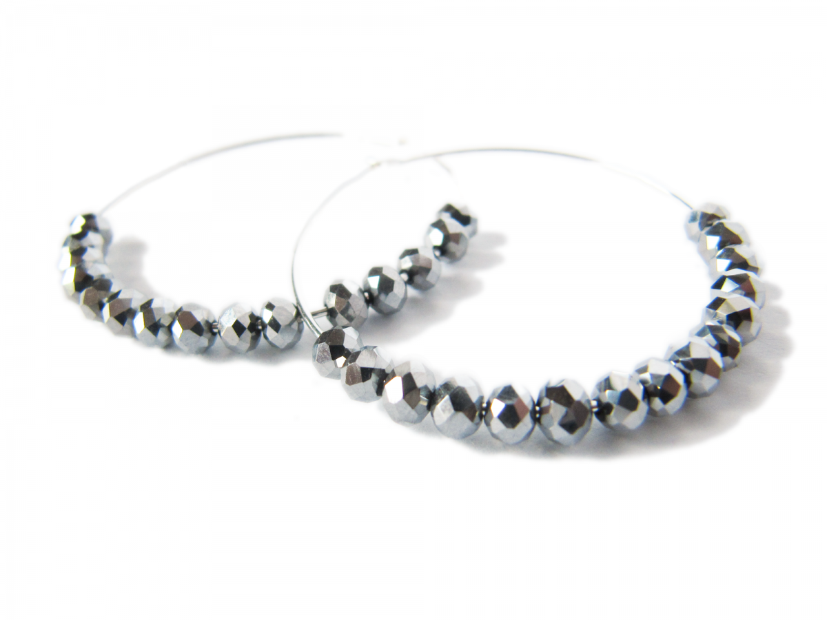 Silver Hoop Earrings - Gunmetal Crystal Beaded Earrings - Dance With Me