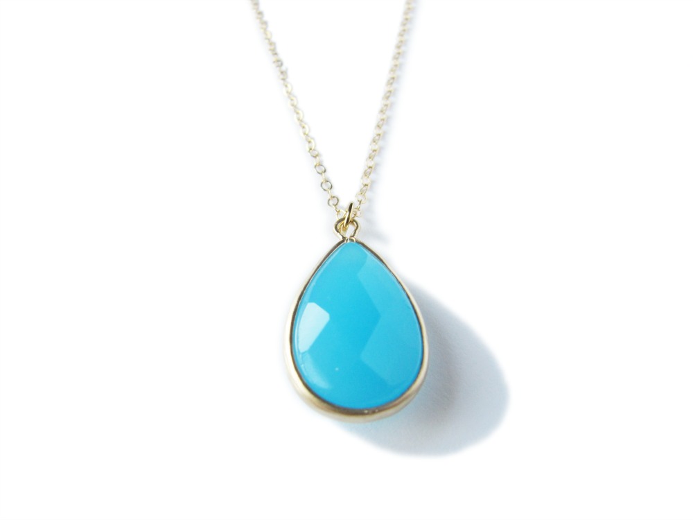 Blue Glass Necklace - Framed Glass - Gold - Ocean Breeze