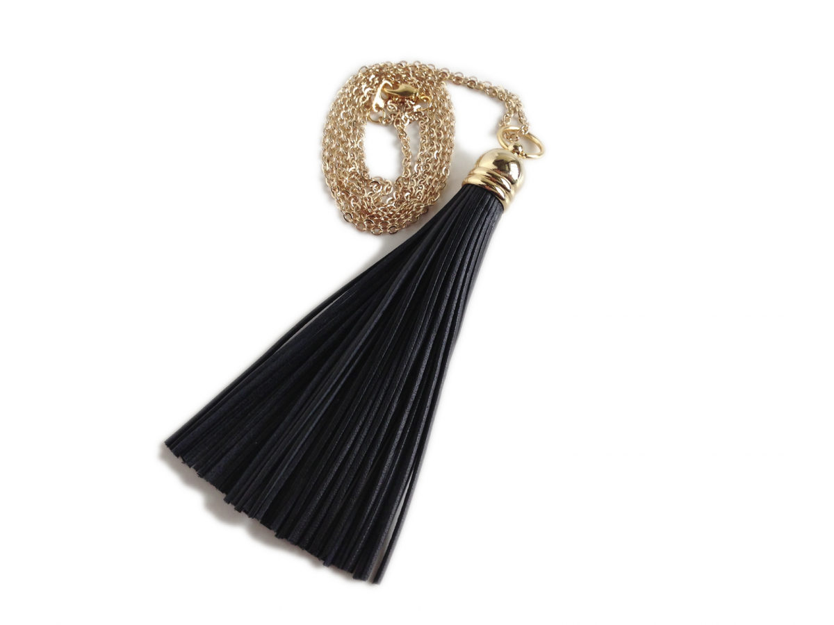 Tassel Necklace - Leather Tassel - Black And Gold - Tickle Me Chic