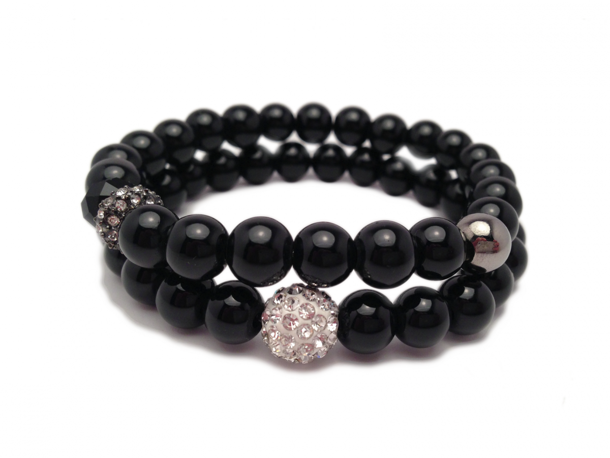 Glass Pearl Bracelets - Bracelet Set - Black Pearls - Rhinestone Bracelets - Soiree