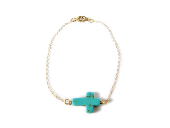 Turquoise Cross Bracelet - Sideways Cross - 14k Gold Filled - Jaywalk