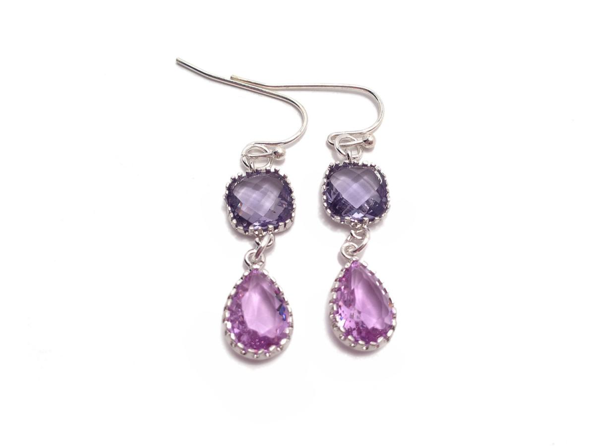 Purple Glass Framed Earrings - Gold Framed Earrings - Purple Teardrop ...