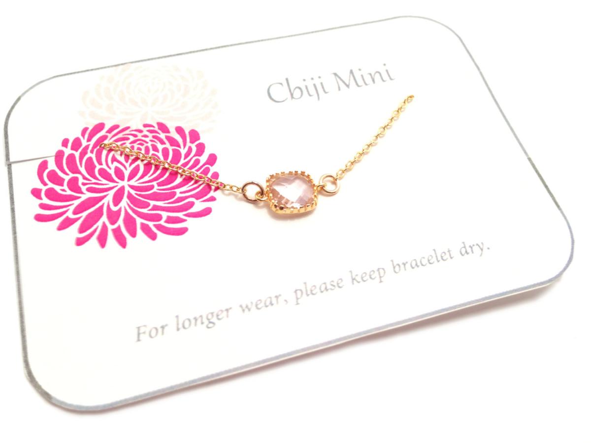 Gold Charm Bracelet - Bezel Stone Bracelet - Light Pink Crystal
